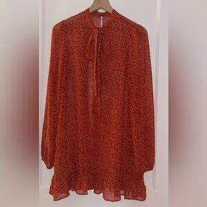 Free People Orange Keyhole Front Tie Long Sleeve Dress